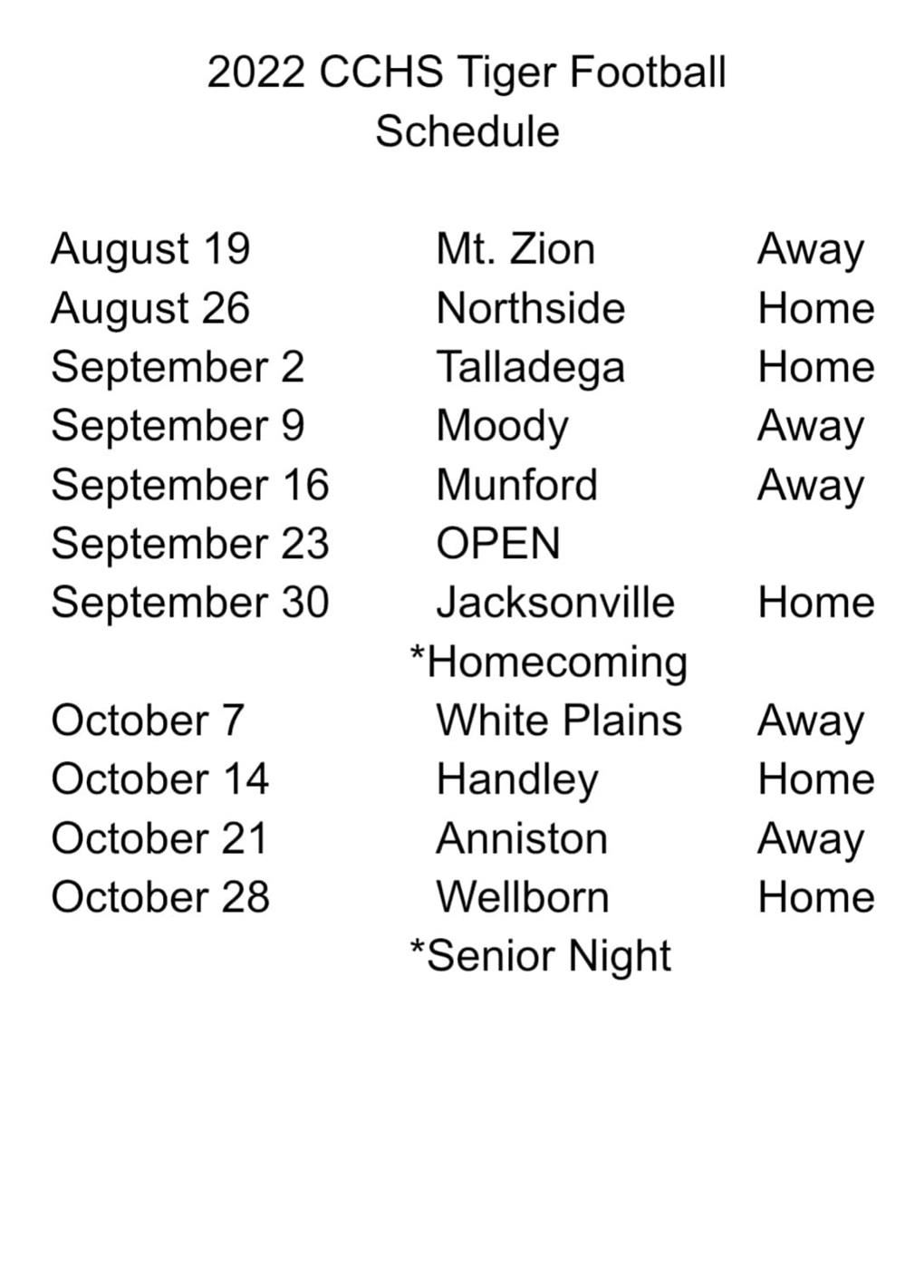 CCHS Football Schedule